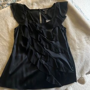 WHBM black silk stretch top with sheer layered front and sheer flutter shoulders